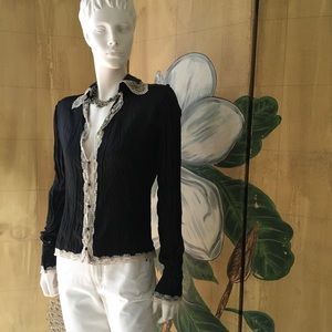 Amuleti lace trim silk buttons xsmall top shirt